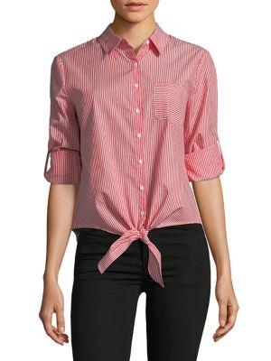 Ivanka Trump Striped Tie Front Cotton Button-down Shirt