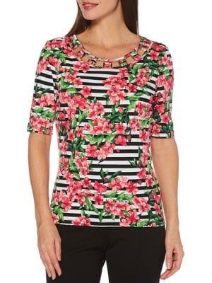 Rafaella Petite Blossom Stripe Short Sleeve Top