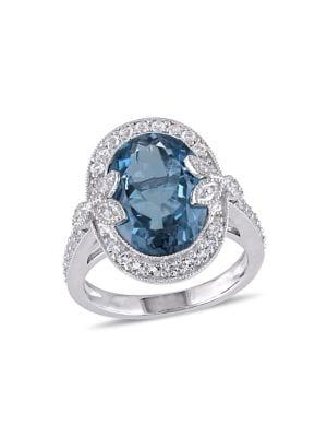 Sonatina Sterling Silver, London Blue Topaz, White Topaz & 0.03 Tcw Diamond Halo Cocktail Ring