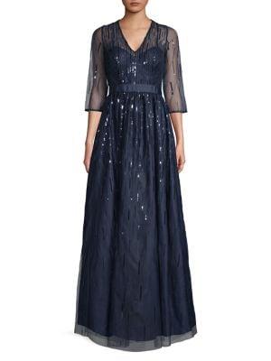 Eliza J Three-quarter Sleeve Illusion Ball Gown