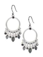 Lucky Brand Silvertone And Pave Glass Stone Dangle Hoop Earrings