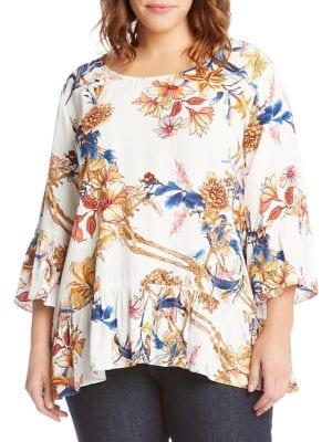 Karen Kane Plus Canyonland Bloom Print Crepe Ruffle-hem Top