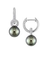 Sonatina 14k White Gold, 9-9.5mm Black Round Pearl & Diamond Drop Earrings