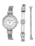 Anne Klein Three-piece Swarovski Crystal Stainless Steel Mesh Bracelet Watch And Bracelets Set