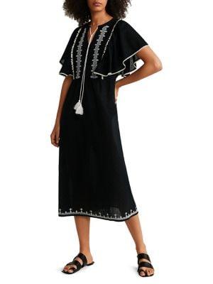 Mango Plumeti Embroidered Cotton Midi Dress