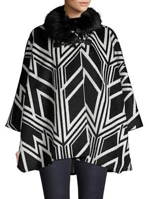 Jones New York Faux Fur-trimmed Printed Poncho