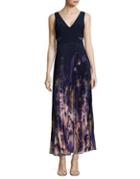 Xscape Floral Print Pleated Gown