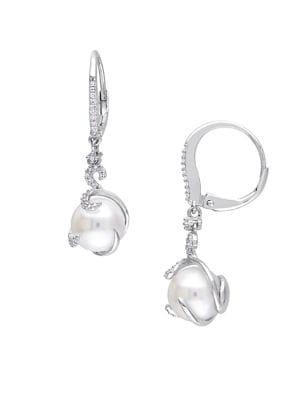 Sonatina Sterling Silver, 9-9.5mm Freshwater Cultured Pearl & Diamond Drop Earrings