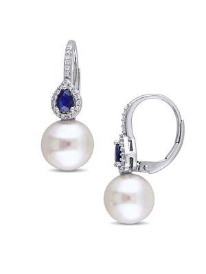Sonatina Freshwater Cultured Pearl, Sapphire, Diamond And 14k White Gold Drop Earrings
