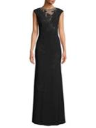 Xscape Cap Sleeve Embroidered Gown