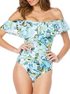 La Blanca One-piece Off-shoulder Botanical Ruffle Swimsuit