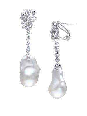Sonatina 14k White Gold, White Pearl & Diamond Floral Drop Earrings