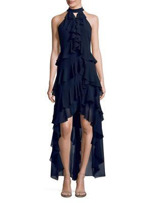 Badgley Mischka Platinum Tulip Ruffle Hi-lo Halter Gown