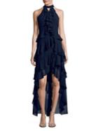 Badgley Mischka Platinum Tulip Ruffle Hi-lo Halter Gown