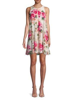 Calvin Klein Sheer Pleated Floral Chiffon Dress