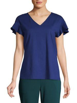 H Halston Ruffled-sleeve Cotton Blend Top