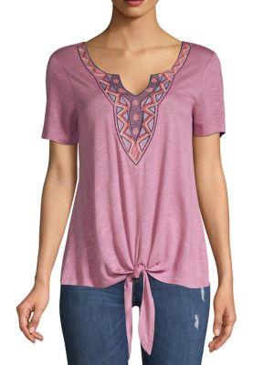 B Collection By Bobeau Embroidered Split Neck Tee