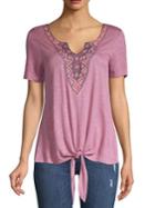 B Collection By Bobeau Embroidered Split Neck Tee