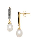 Lord & Taylor 6mm White Pearl, Diamond And 14k Yellow Gold Drop Earrings