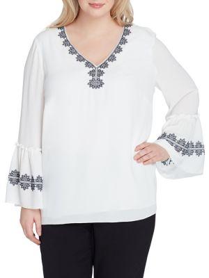Tahari Arthur S. Levine Plus Embroidered Flounce-sleeve Blouse