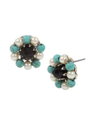 Miriam Haskell Mixed Beaded Deco Flower Stud Earrings