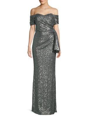 Badgley Mischka Platinum Off-shoulder Sequined Side-bow Gown
