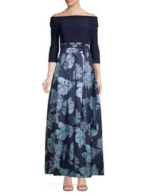 Eliza J Off-the-shoulder Floral Pleated Gown