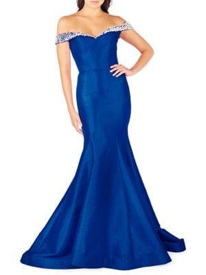 Mac Duggal Off-the-shoulder Embellished Sleeve Evening Gown