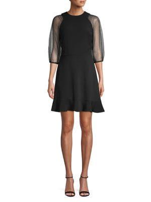 Laundry By Shelli Segal Mesh Sleeve Fit-&-flare Ruffle Dress