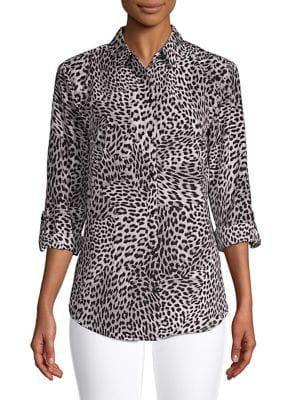 Jones New York Animal-dot Roll-sleeve Blouse
