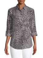 Jones New York Animal-dot Roll-sleeve Blouse