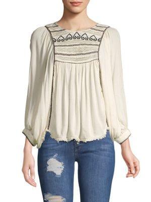 Free People Embroidered Three-quarter Sleeve Top