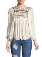Free People Embroidered Three-quarter Sleeve Top