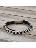 Lord & Taylor Stainless Steel & Vegan Leather Square Rondel Curb Chain Bracelet