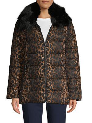 T Tahari Faux Fur-trim Leopard Puffer