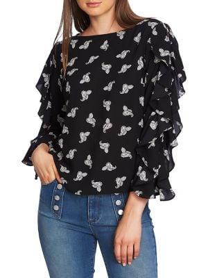 1.state Paisley-print Ruffle Cold-shoulder Top
