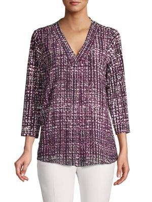 Calvin Klein Pleated V-neck Three-quarter Chiffon Top