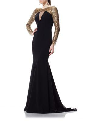 Theia Crepe/jacquard Gown