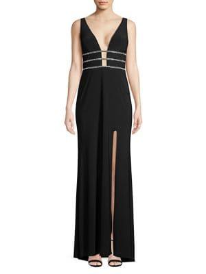 Blondie Nites Glitter Caged Leg Slit Gown