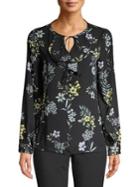 Karl Lagerfeld Paris Ruffle Floral Tie Neck Blouse