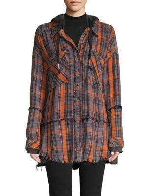 Free People Plaid Cotton Hooded Shirt