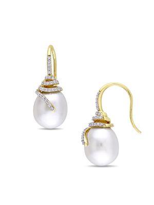 Sonatina South Sea Cultured Pearl, Diamond And 14k Yellow Gold Spiral Drop Earrings