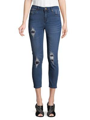 Design Lab Cropped Distressed Polka-dot Jeans