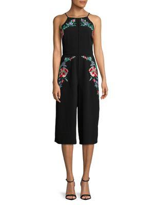 Adelyn Rae Embroidered Floral Halter Jumpsuit