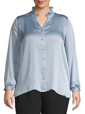 Vince Camuto Plus Ruched Mock Neck Button Front Blouse