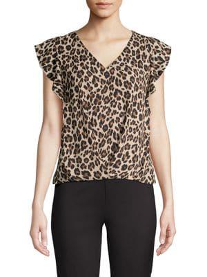 Vince Camuto Petite Leopard-print Flutter-sleeve Top