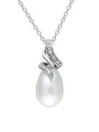Sonatina Sterling Silver, 9-9.5mm White Drop Pearl & Diamond Swirl Pendant Necklace