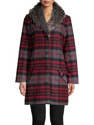 Bb Dakota Faux Fur-trimmed Plaid Coat