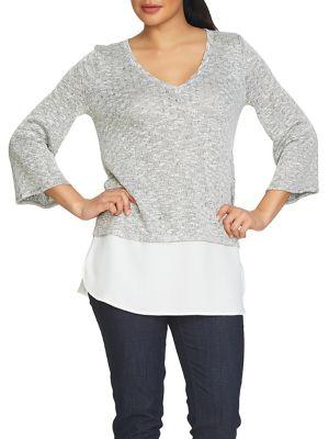 Chaus Marled Knit Mixed Media Three-quarter Top