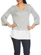 Chaus Marled Knit Mixed Media Three-quarter Top